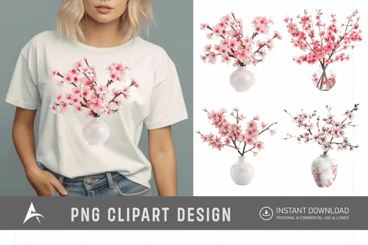 Watercolor Cherry Blossom in a vase Clipart