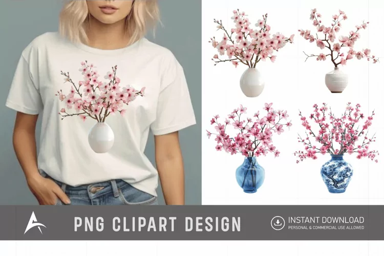 Watercolor Cherry Blossom in a vase Clipart