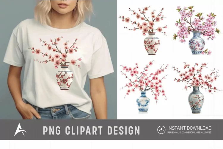 Watercolor Cherry Blossom in a vase Clipart