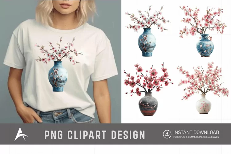 Watercolor Cherry Blossom in a vase Clipart