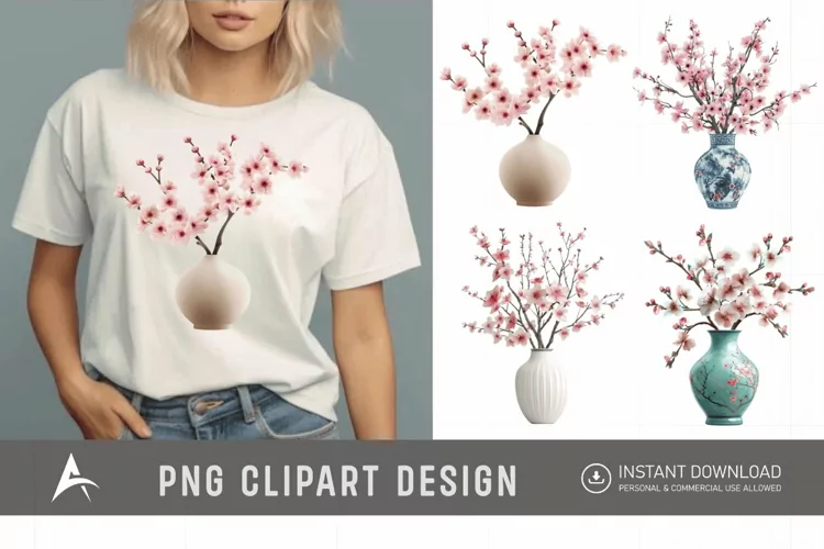 Watercolor Cherry Blossom in a vase Clipart