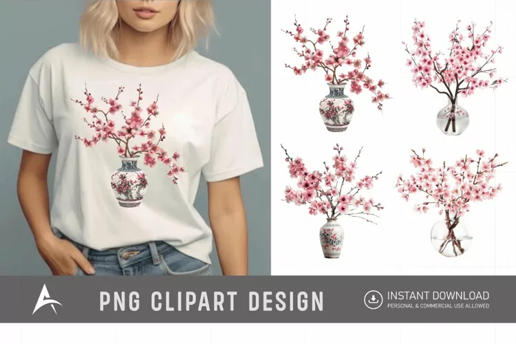 Watercolor Cherry Blossom in a vase Clipart