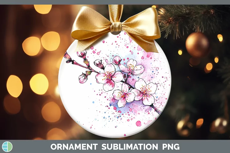 Watercolor Cherry Blossom Ornament Sublimation Bauble Design