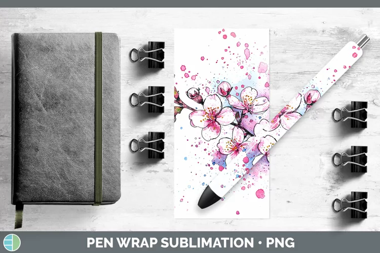 Watercolor Cherry Blossom Pen Wrap Sublimation Pen Designs