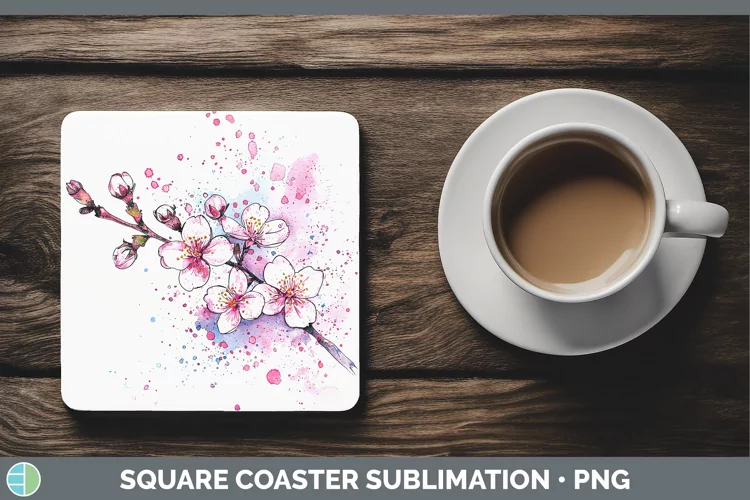 Watercolor Cherry Blossom Square Coaster Sublimation Coaster