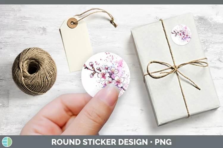 Watercolor Cherry Blossom Stickers | Round Labels Designs