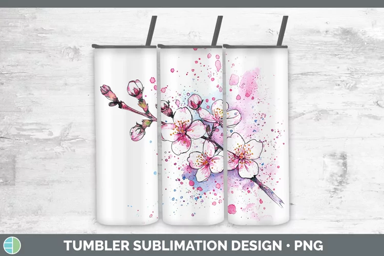 Watercolor Cherry Blossom Tumbler Sublimation 20 oz Skinny T