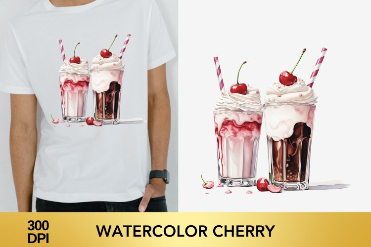 Watercolor cherry Milkshake Clipart example image 1