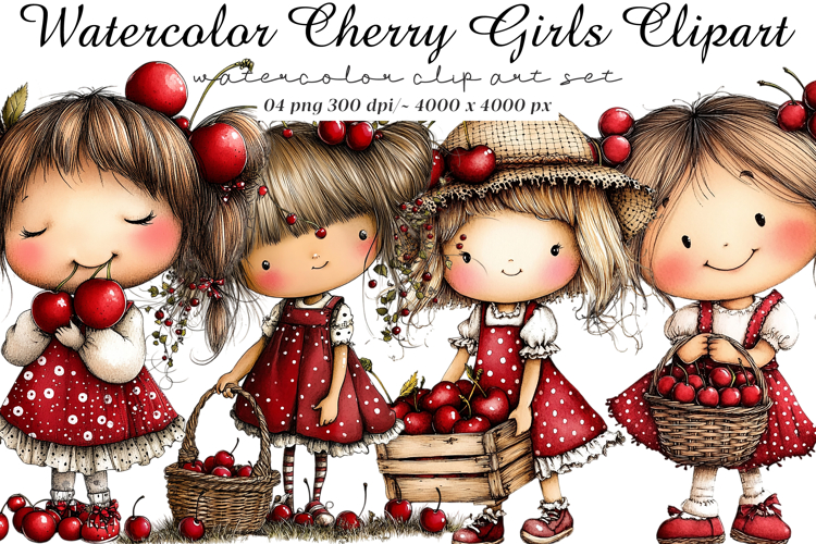 Watercolor Cherry Girls Clipart