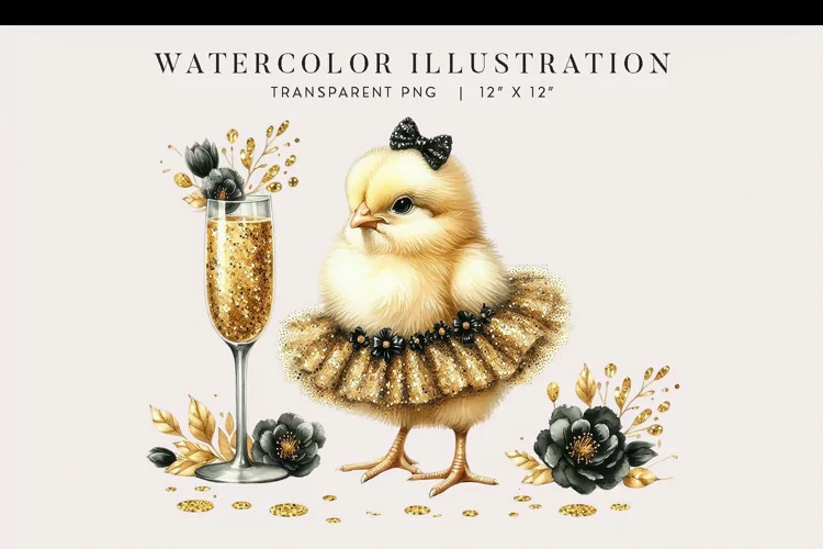 Watercolor Chick New Year’s Toast Clipart PNG