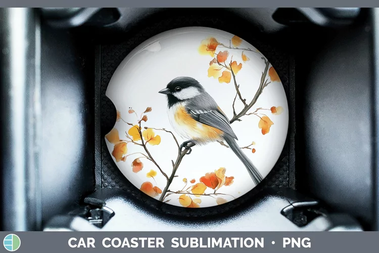 Watercolor Chickadee Car Coaster Sublimation Designs