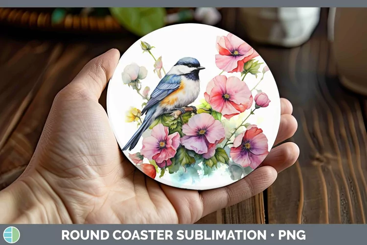 Watercolor Chickadee Round Coaster | Sublimation Coaster Des