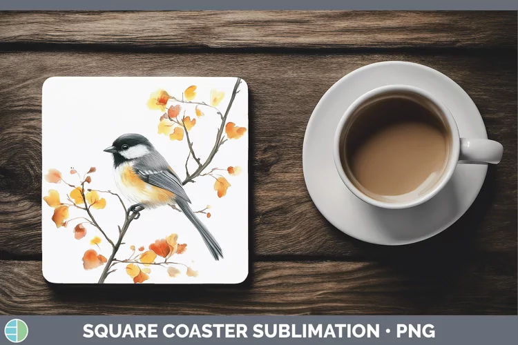 Watercolor Chickadee Square Coaster Sublimation Coaster Desi