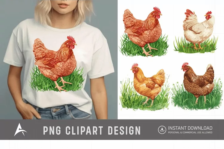 Watercolor Chicken In The Grass Clipart