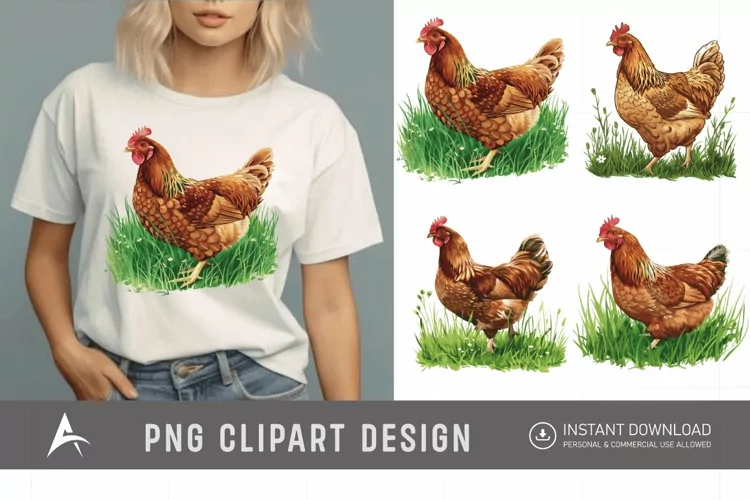 Watercolor Chicken In The Grass Clipart