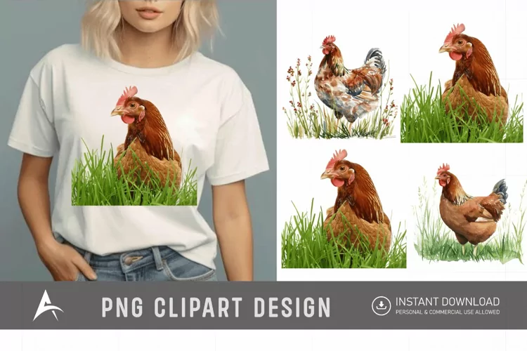 Watercolor Chicken In The Grass Clipart