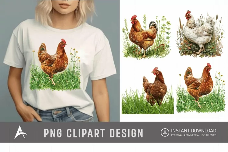 Watercolor Chicken In The Grass Clipart