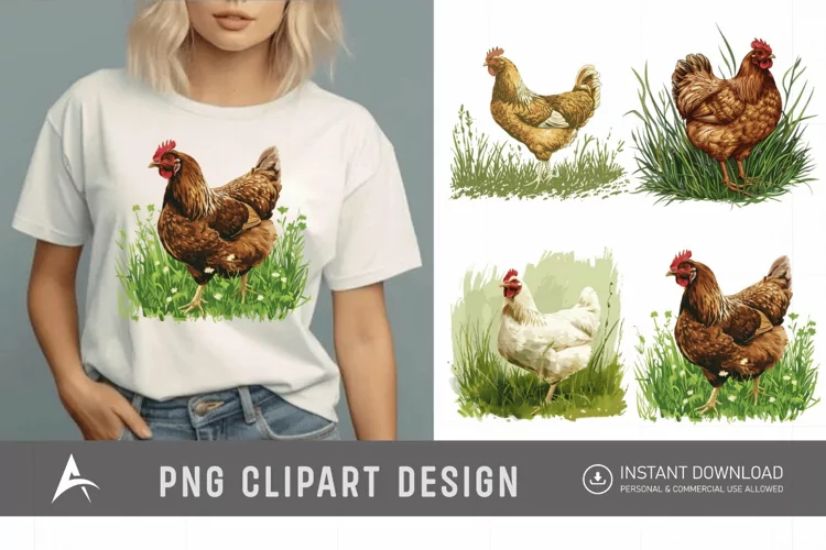 Watercolor Chicken In The Grass Clipart