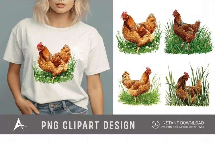 Watercolor Chicken In The Grass Clipart