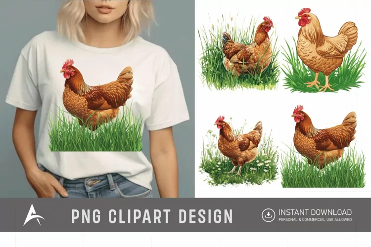 Watercolor Chicken In The Grass Clipart