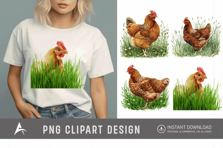 Watercolor Chicken In The Grass Clipart