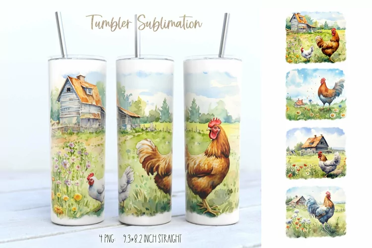 Watercolor Chicken in a Flower Meadow|Tumbler Sublimation