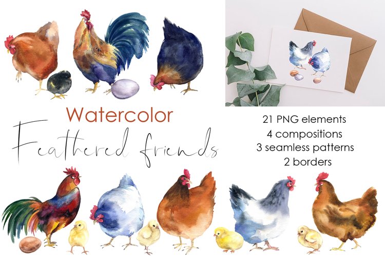 Watercolor chickens clipart, Seamless pattern, farm animals