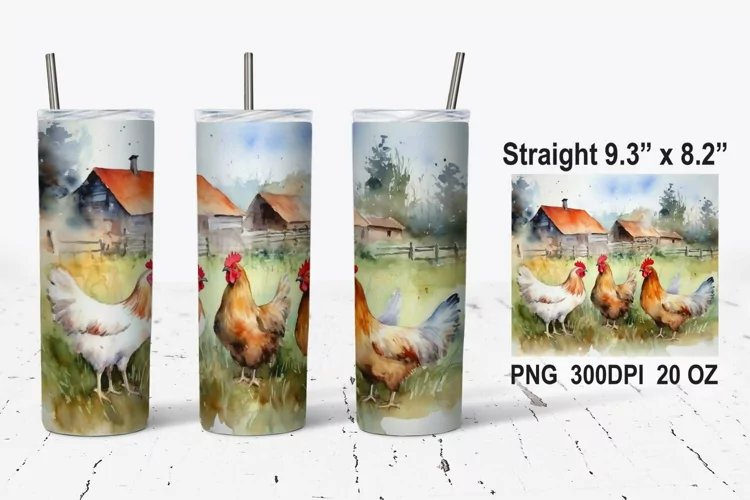 Watercolor Chicken Tumbler Wrap, Chicken Sublimation