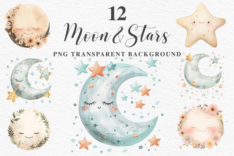 Watercolor Children Moon Stars Smiling Toddler Kids Clipart