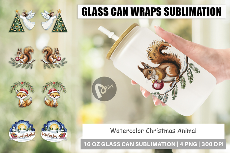 Glass Can Watercolor Christmas Animal