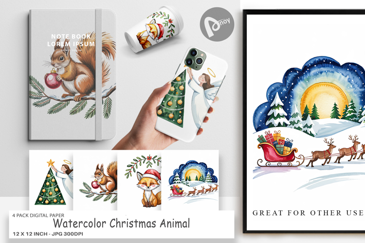 Digital Paper Watercolor Christmas Animal
