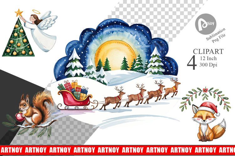 Watercolor Christmas Animal Clipart