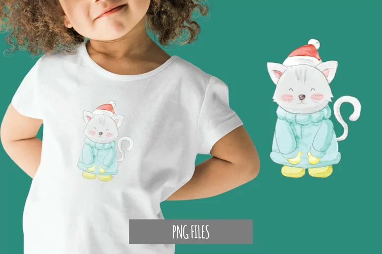 Watercolor Christmas Cat PNG