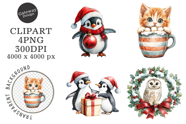 Watercolor Christmas Animal Clipart