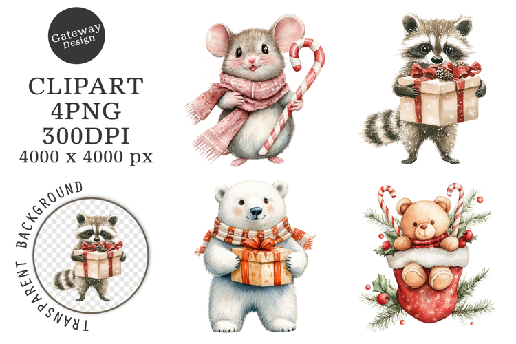 Watercolor Christmas Animal Clipart