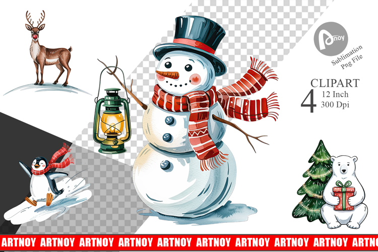 Watercolor Christmas Animal Clipart