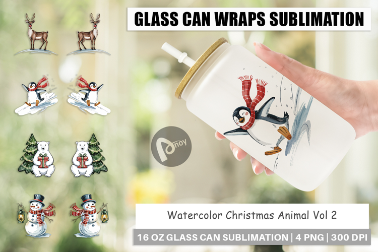 Glass Can Watercolor Christmas Animal