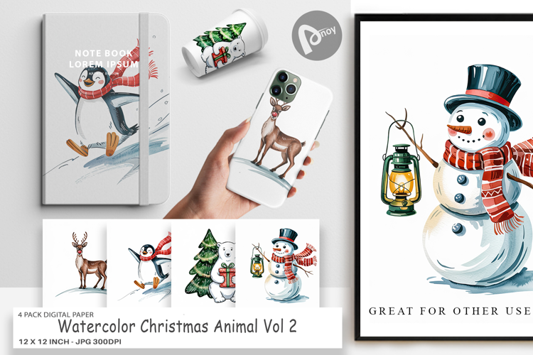 Digital Paper Watercolor Christmas Animal