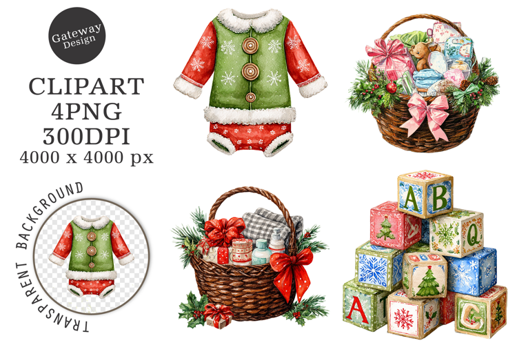 Watercolor Christmas Baby Shower Clipart