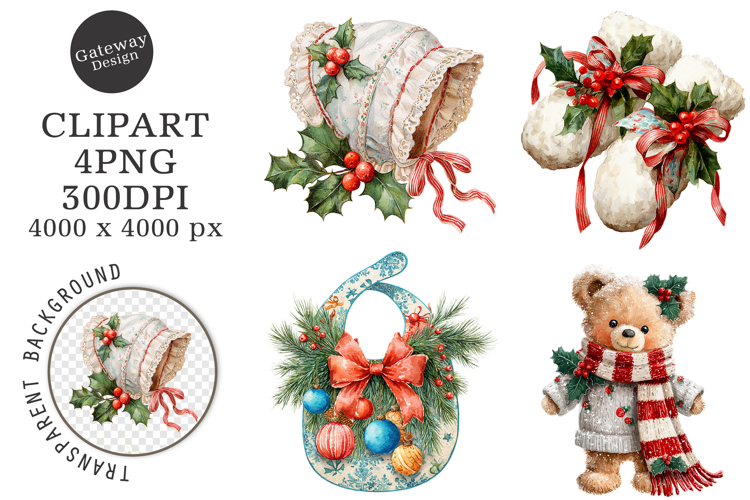 Watercolor Christmas Baby Shower Clipart
