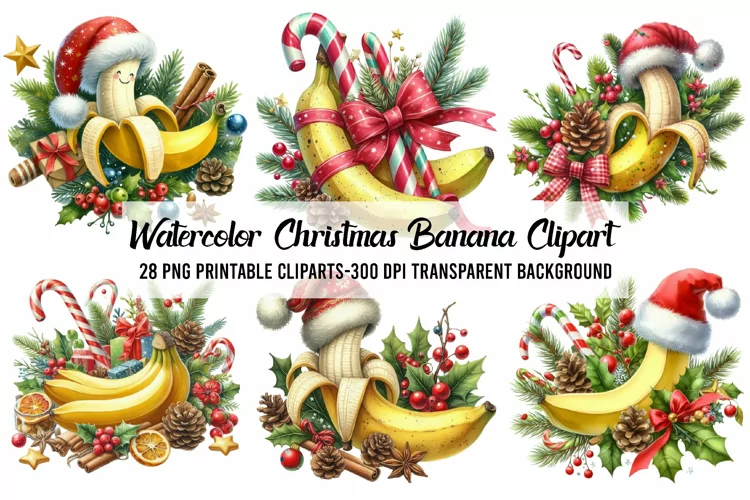 Watercolor Christmas Banana Clipart