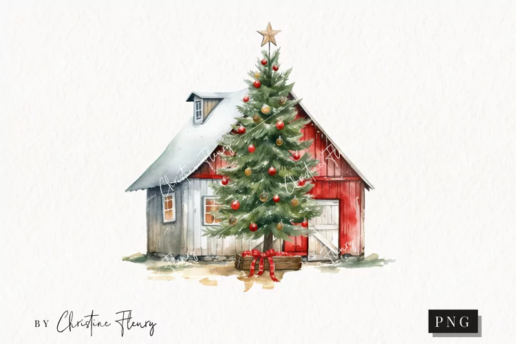 Watercolor Christmas Farmhouse Clipart | Christmas Clipart