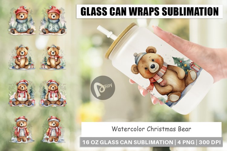 Glass Can Wraps Watercolor Christmas Bear