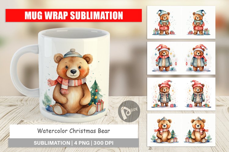 Mug Wrap Design Watercolor Christmas Bear