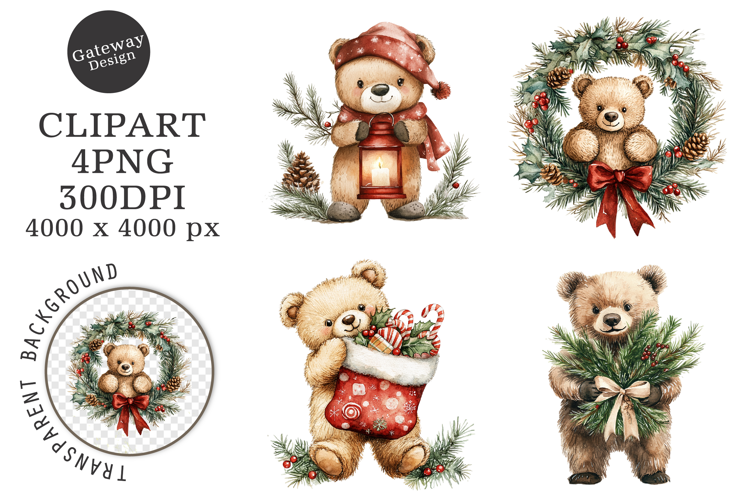 Watercolor Christmas Bear Clipart