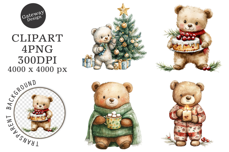Watercolor Christmas Bear Clipart