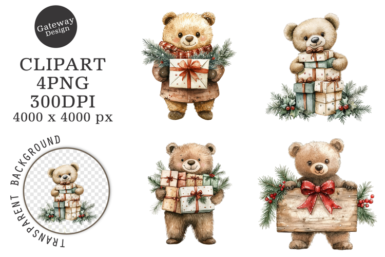 Watercolor Christmas Bear Clipart