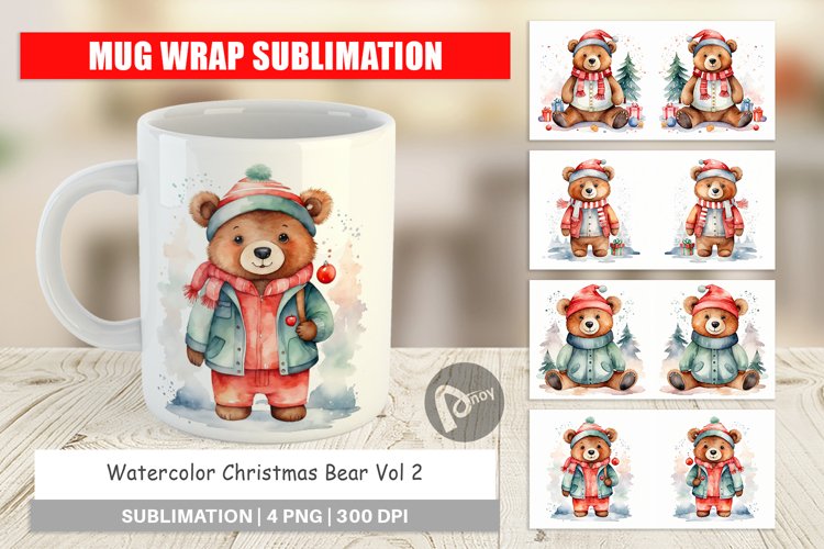 Mug Wrap Design Watercolor Christmas Bear