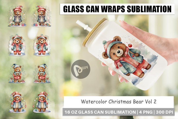 Glass Can Wraps Watercolor Christmas Bear