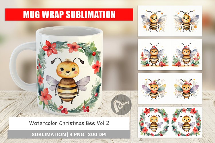 Mug Wrap Design Watercolor Christmas Bee